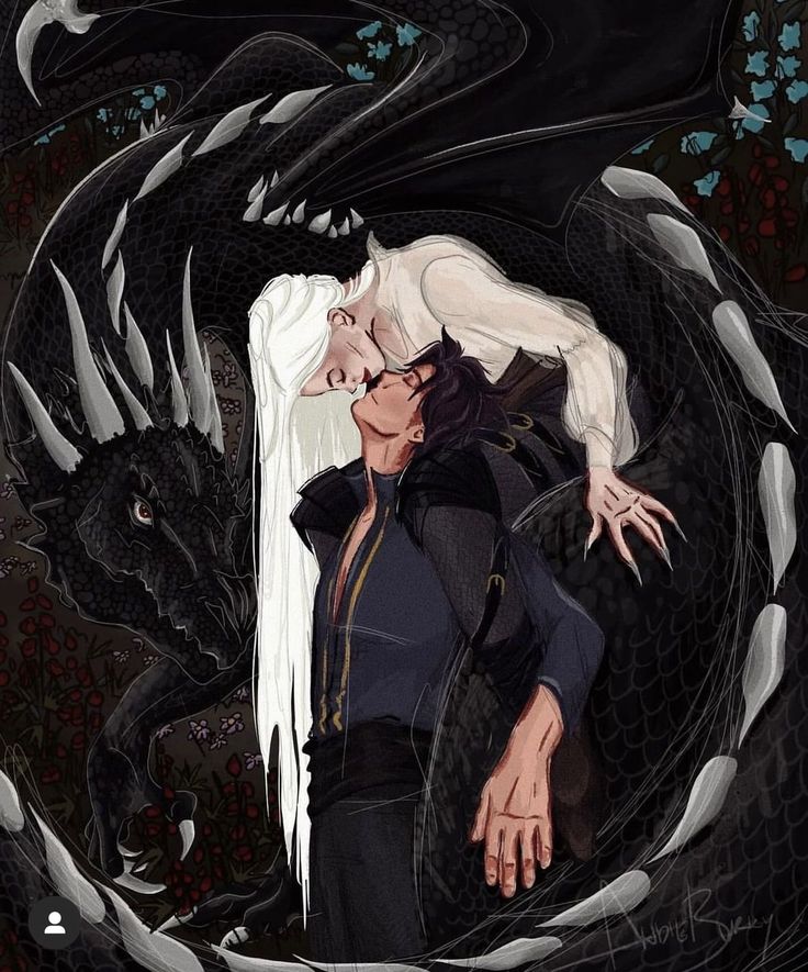 an illustration of a man and a woman in front of a black dragon with white hair