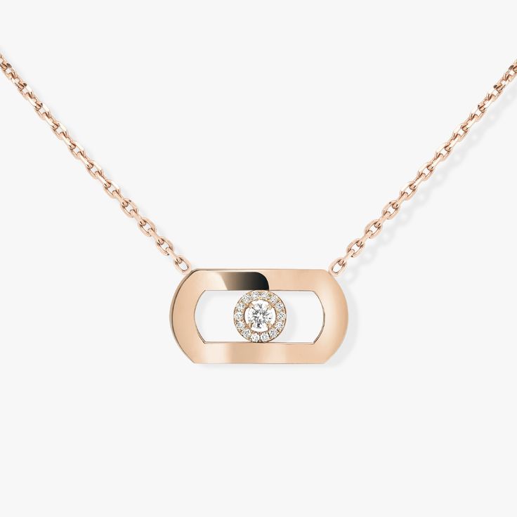 Move as you've never seen it before! With So Move, Valérie Messika has created a more assertive, distinctive design for the Maison's icon. The emblematic moving diamond is surrounded by Messika's signature pavé-set halo. As a result, this diamond necklace is a totem of strength and confidence for anyone looking for a signature piece to complete their look! The polished pink gold warms up the diamonds for an ultra-fashionable touch of glamour. Luxury Diamond Necklaces With Single Cut Diamonds, Luxury Diamond Necklace With Accents For Anniversary, Luxury Yellow Gold Diamond Necklace, Luxury Sterling Silver Jewelry With Single Diamond, Luxury White Gold Necklace With Diamond Accents, Luxury Diamond White Sterling Silver Necklace, Luxury Diamond Necklace With Polished Finish For Everyday, Luxury Oval Cubic Zirconia Necklaces, Luxury Diamond Necklaces For Anniversary