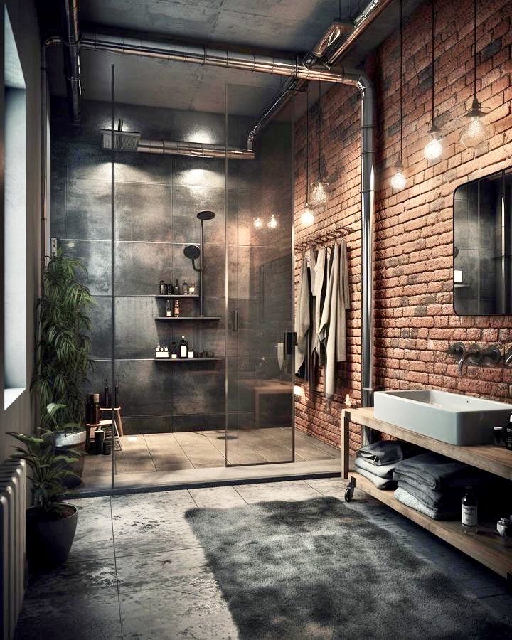 an industrial style bathroom with brick walls and glass shower stall, sink, mirror, towel rack, rug and potted plant in the corner