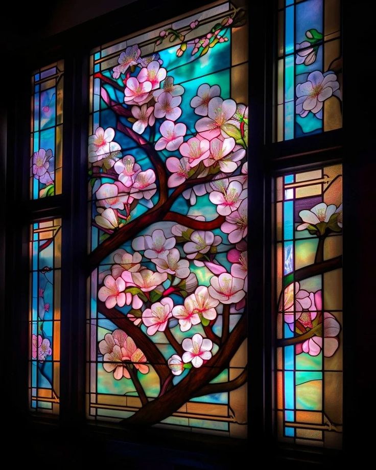 a stained glass window with pink flowers on it