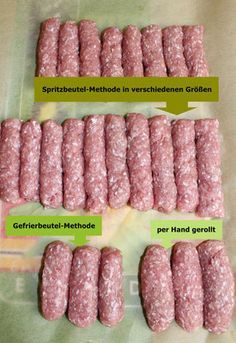 several hamburger patties are shown on a piece of paper with labels labeled in german