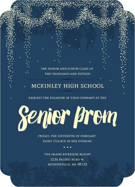 a blue and white graduation party card with sparkles on the edges, which reads senior prom