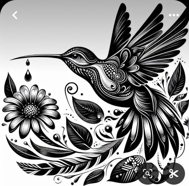 a black and white drawing of a hummingbird with flowers on it's wings