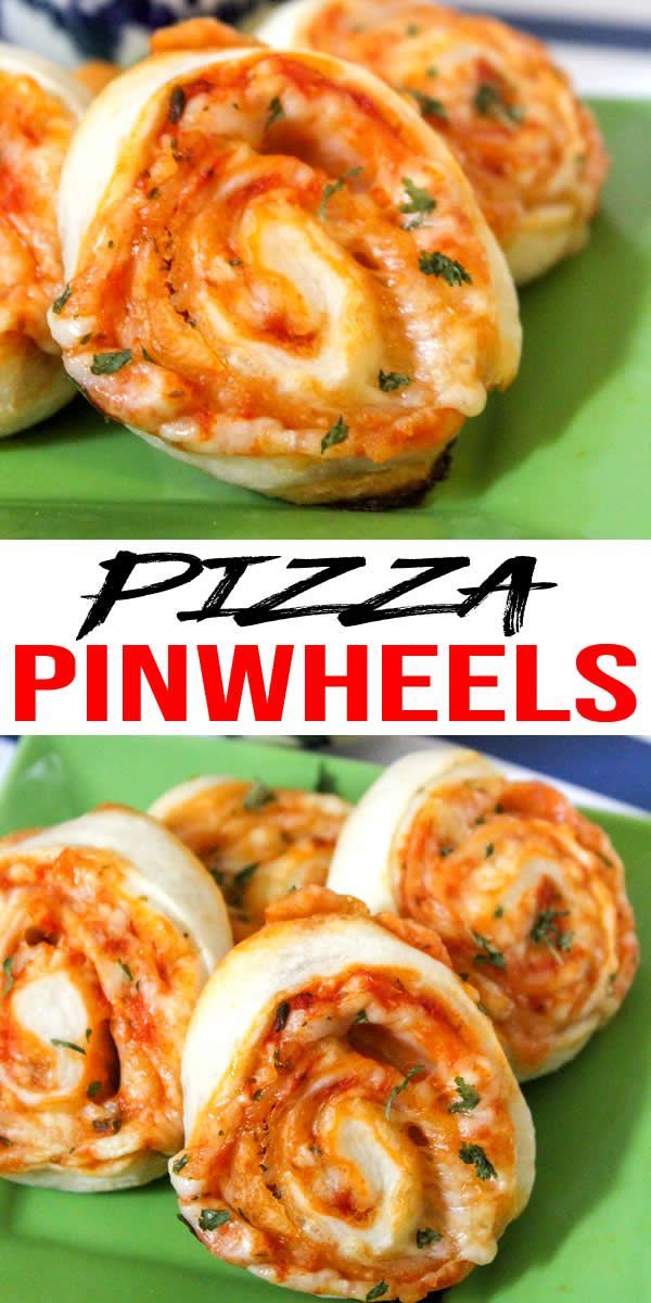 pizza pinwheels on a green plate with text overlay