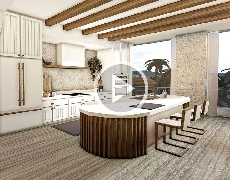 an image of a kitchen with white cabinets and wood flooring in the middle of it