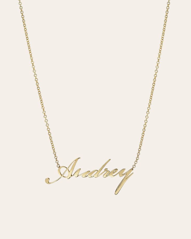 14k solid gold ID dainty name necklace in our beautiful script font, hanging from a chain length of your choice. For a heart symbol please enter ''(heart)''. Please note that the personalization box is case sensitive, so type in exactly how you would like your name to appear, with the correct upper/lowercase font. Script font is not offered in all capitalization. If you are interested in an ID necklace with more than 10 characters, please email us at info@zoelev.com for a quote. Made in L.A. Let Font Guide, Beautiful Script Fonts, Heart Symbol, Script Font, Necklace Sizes, Name Necklace, A Heart, Chain Lengths, Chain Length