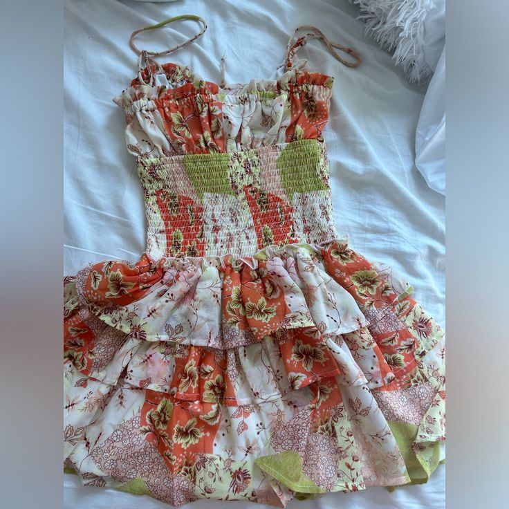 Size Medium, Never Worn But Tag Is Taken Off Sleeveless Orange Sundress For Garden Parties, Orange Mini Length Summer Dress, Summer Mini Length Orange Dress, Summer Orange Mini Dress, Peach Summer Mini Dress For Vacation, Orange Tiered Beach Dress, Lined Orange Mini Dress For Summer, Orange Lined Mini Dress For Summer, Orange Mini Summer Dress