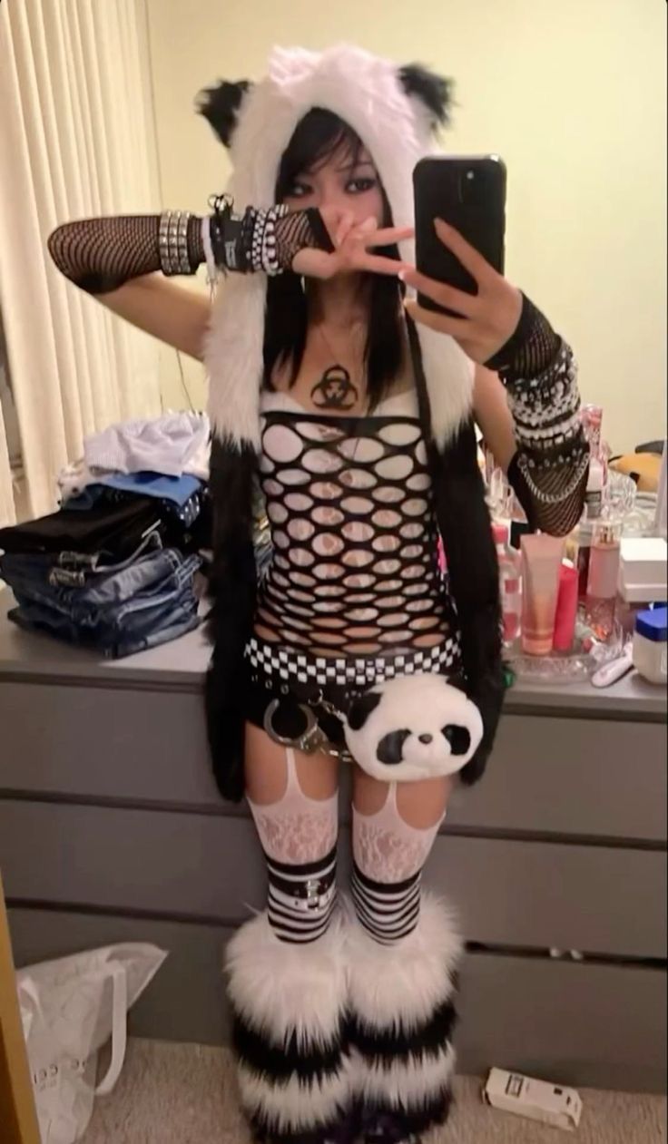 Panda Rave Outfit, Goth And Emo Outfits, Rave Fits Black, Panda Inspired Outfit, Rave Escape Outfits, Emo Rave Fit, Outfits With Fishnet Top, Mesh Bra Outfit, Non Revealing Rave Outfits