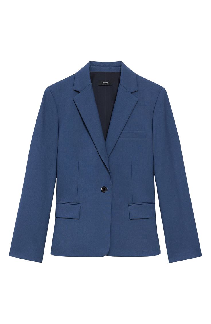 Cut from a rich wool blend with a touch of stretch, this handsome blazer boasts a modern slim fit for polished style. 23 1/2" length (size 8) Front button closure Notched lapels Bracelet-length sleeves Chest welt pocket; front flap pockets Lined 96% wool, 4% elastane Dry clean Imported Blue Blazer With Concealed Placket For Office, Modern Flat Front Sport Coat For Workwear, Blue Office Blazer With Concealed Placket, Blue Notch Lapel Blazer For Work, Blue Single-button Blazer For Work, Blue Single Button Blazer For Workwear, Blue Office Blazer With Pressed Crease, Notched Blue Blazer For Work, Blue Notched Blazer For Workwear