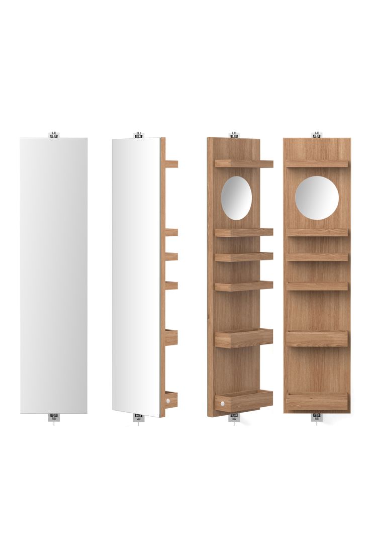 three wooden shelves with mirrors on them