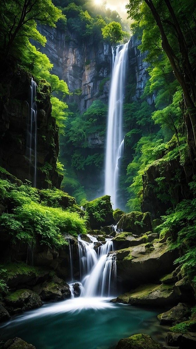 a waterfall in the middle of a forest