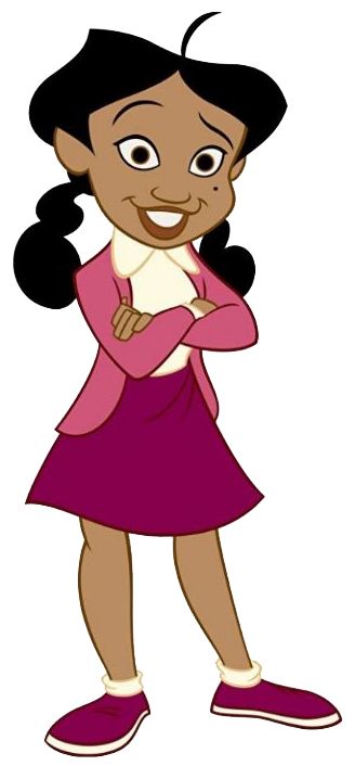 an animated girl with black hair and pink dress standing in front of a white background