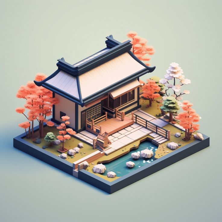 a paper model of a japanese house with trees and rocks in the foreground, on a light blue background