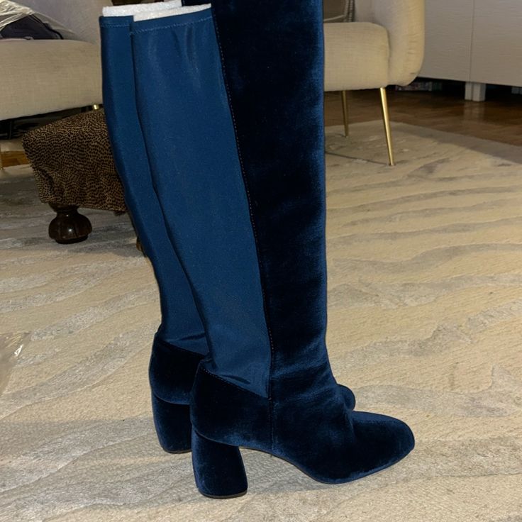 Nine West Blue Velvet High Boots. Stretch Back, Round Toe, Rounded Heel. Size 9.5. Never Worn! Fitted Blue Almond Toe Boots, Elegant Blue Heeled Boots For Fall, Blue Winter Boots With Reinforced Heel, Elegant Blue Heeled Boots For Winter, Elegant Blue Boots For Fall, Blue Almond Toe Boots For Fall, Blue Round Toe Heeled Boots For Winter, Blue Block Heel Boots For Winter, Blue Block Heel Boots For Fall