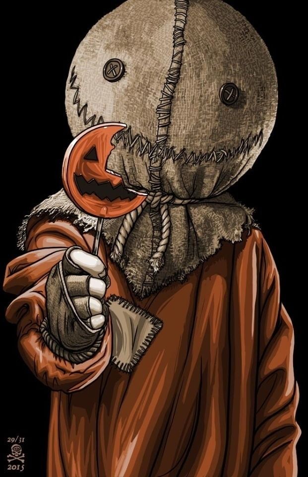 a drawing of a person wearing a scary mask and holding an orange object in his hand