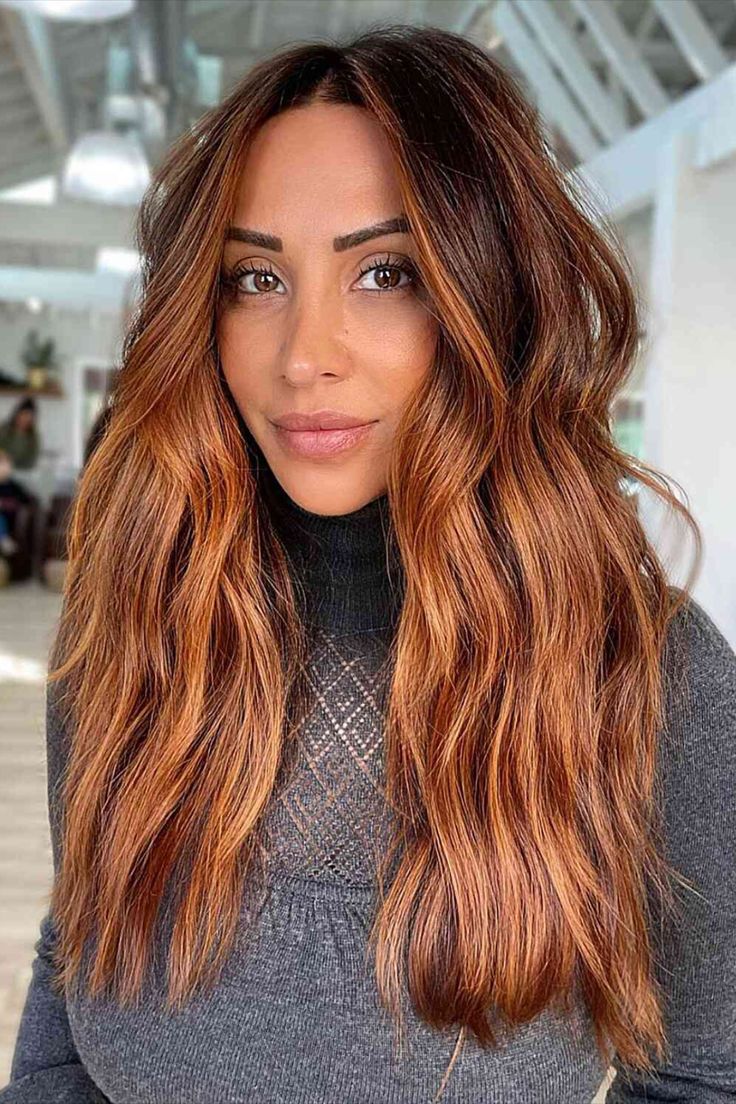 Golden Pumpkin Spiced Highlights with Root Melt and Long Layers Brown To Copper Balayage, Balayage Copper Hair, Copper Hair Balayage, Red Hair Balayage, Spring Red Hair Color, Ginger Brown Hair, Light Copper Hair, Ginger Hair Dyed, Copper Brown Hair Color