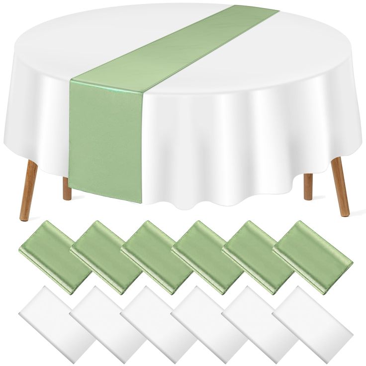 a round table with green and white stripes on it, surrounded by matching placemats