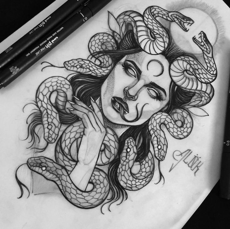 a drawing of a woman with snakes on her head