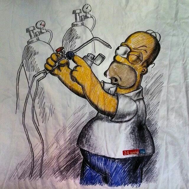 a drawing of a cartoon character holding an electric device in one hand and looking at something on the other