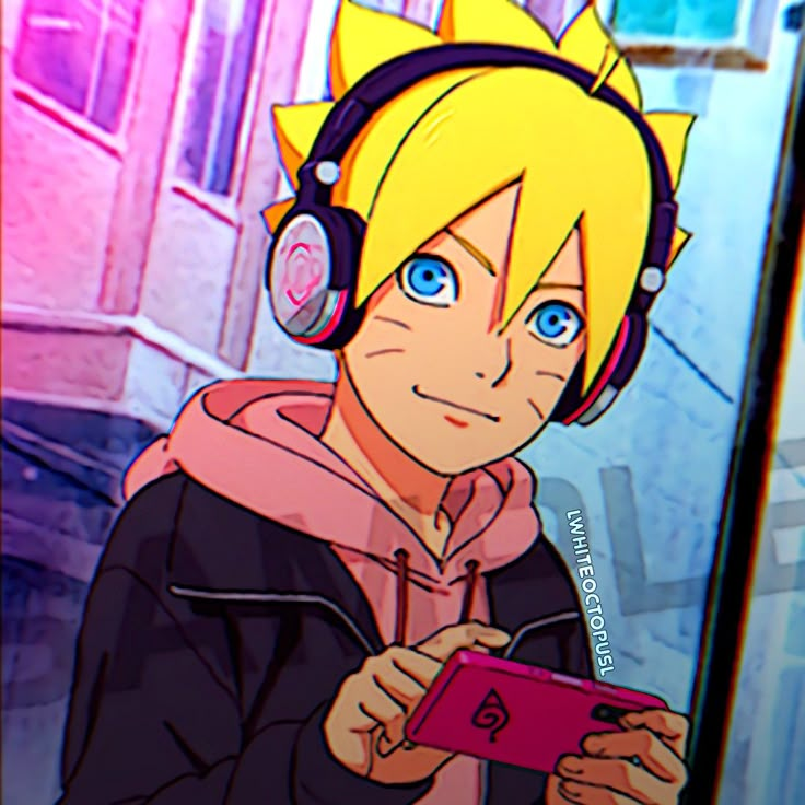 a cartoon character with headphones on holding a cell phone in front of a building