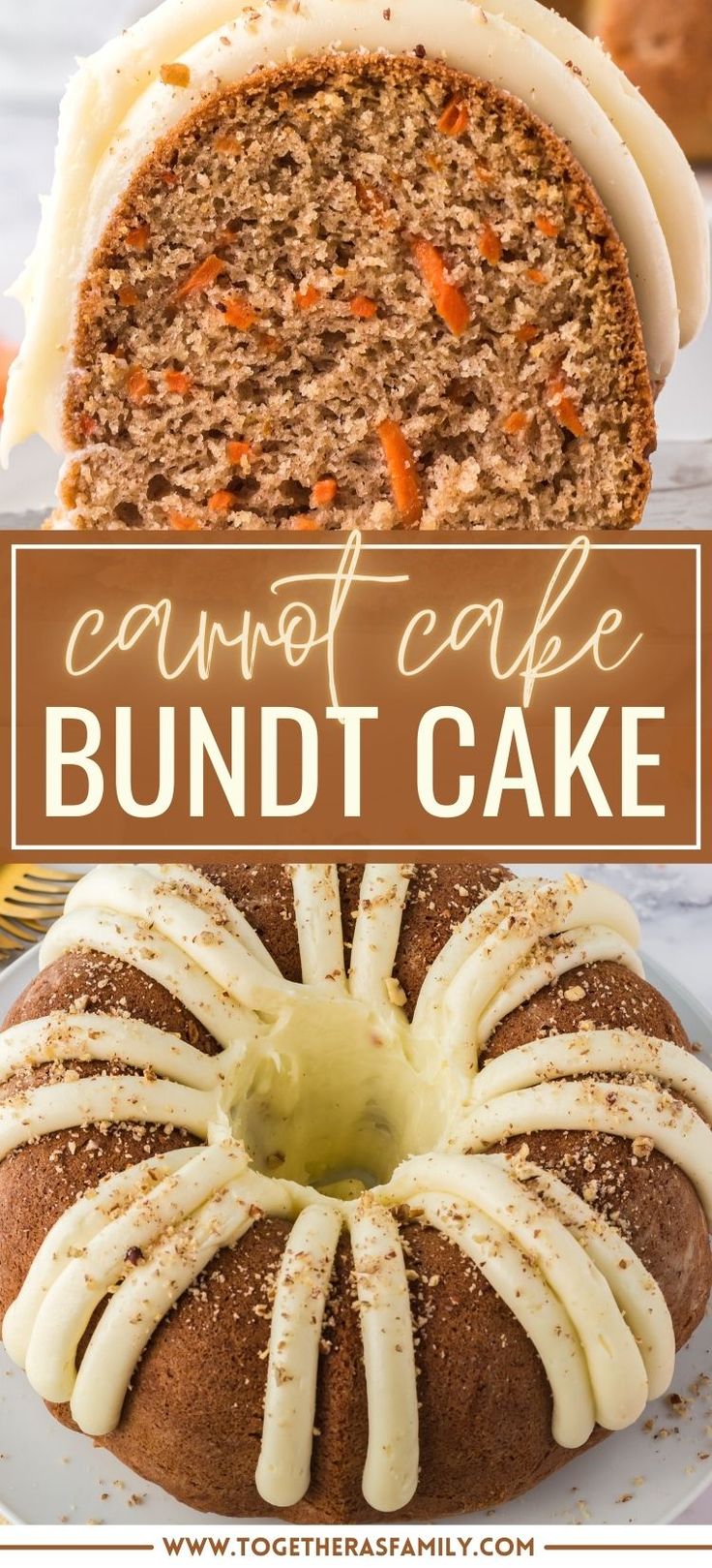 carrot cake bundt cake with cream cheese frosting on top and the words carrot cake above it