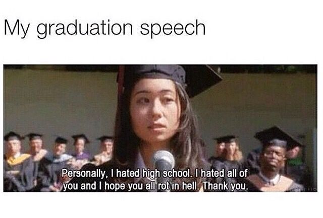 a woman standing in front of a microphone with graduation caps on her head and the caption reads, my graduation speech