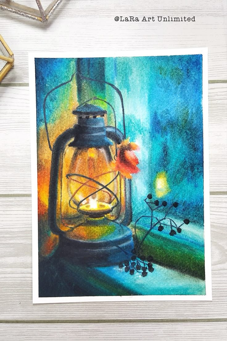 a watercolor painting of a lantern and flowers on a window sill next to a candle