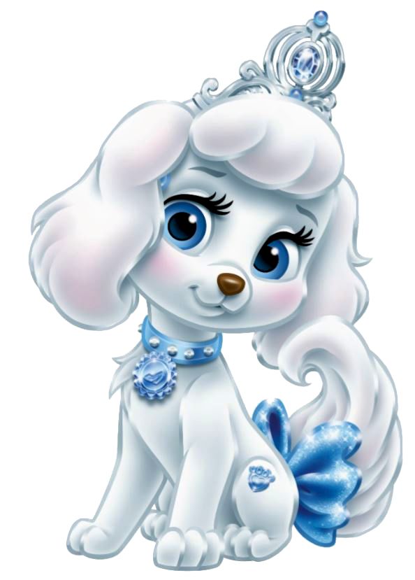 a white dog with blue eyes and a tiara on top of it's head