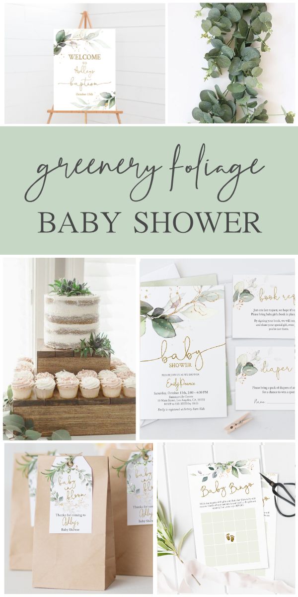 green and white baby shower with greenery on it