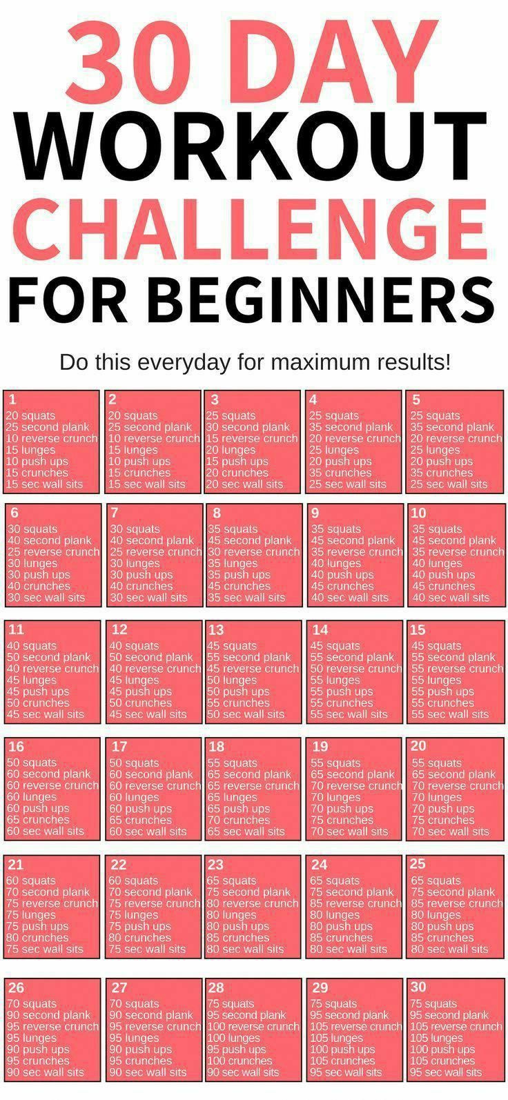 the 30 day workout challenge for beginners is shown in red and white with black lettering