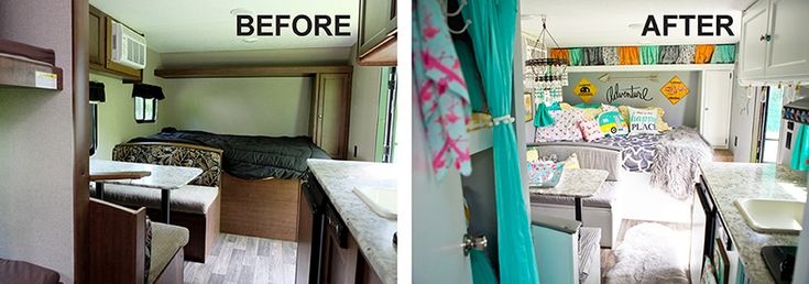 before and after photos of an rv's interior