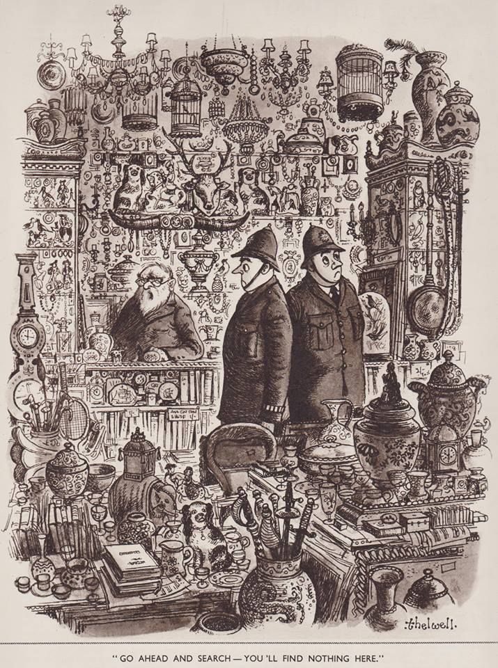 an old drawing of two men in a shop