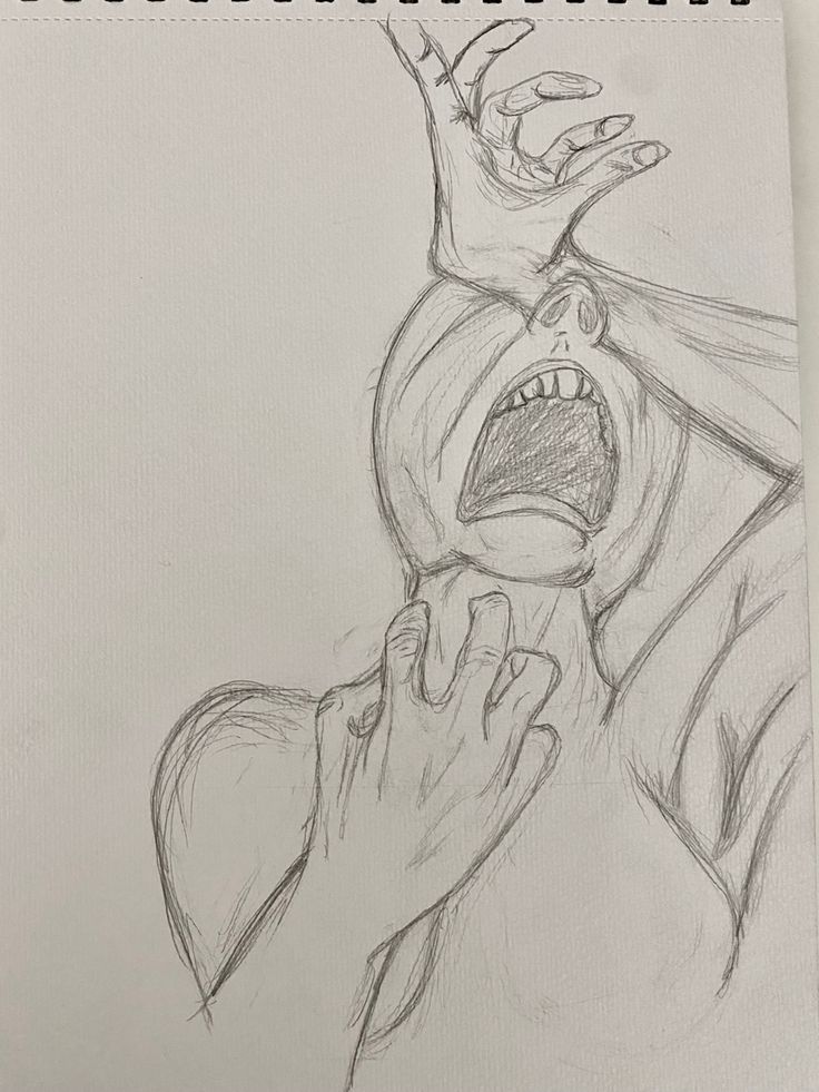 a pencil drawing of a person holding their hand up to the mouth with an open mouth