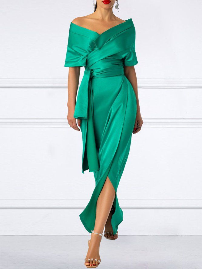 Plain Elegant V Neck Regular Fit Split Dress Wedding | stylewe Green Dress Print, Half Sleeve Wedding Dress, Buy Wedding Dress, Green Wrap, Groom Dresses, Mob Dresses, Half Sleeve Dresses, Maxi Dress Cocktail, Split Dress