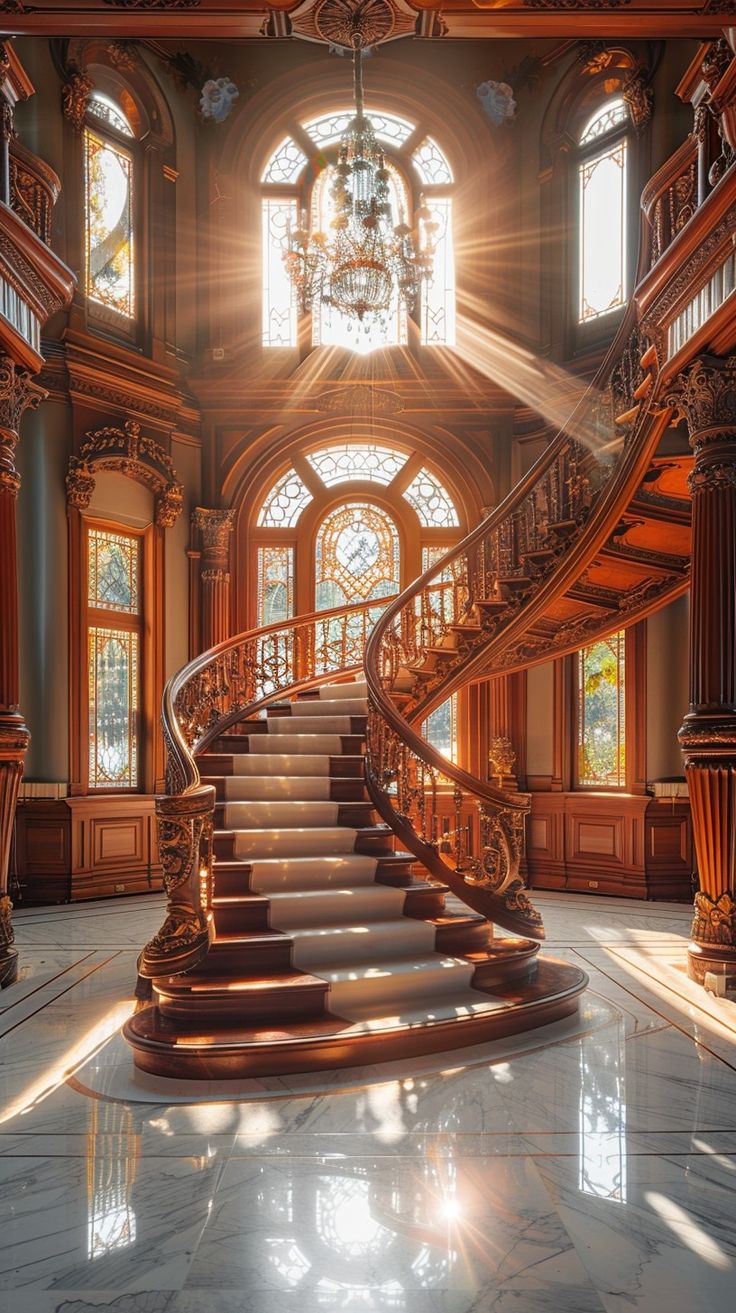 an ornate staircase in the middle of a room with large windows and chandelier