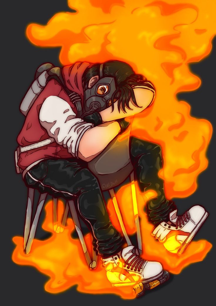 a person sitting on top of a chair in front of a fire filled wallpaper