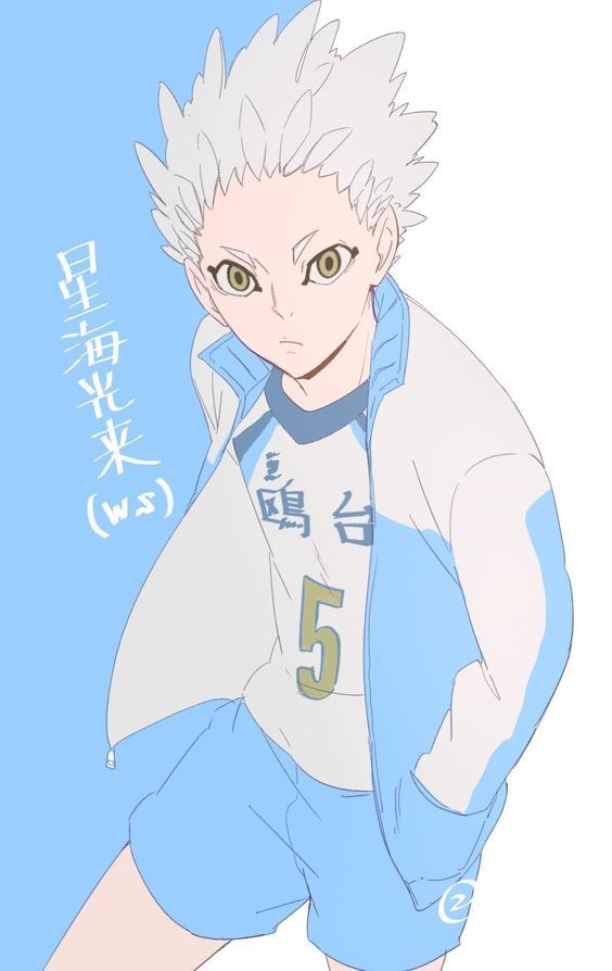 an anime character with white hair and blue shorts