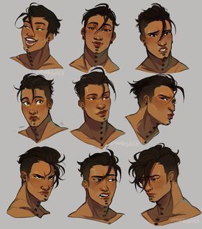 various facial expressions and hair styles for the character