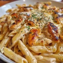 a white plate topped with pasta covered in sauce and chicken breast pieces on top of it