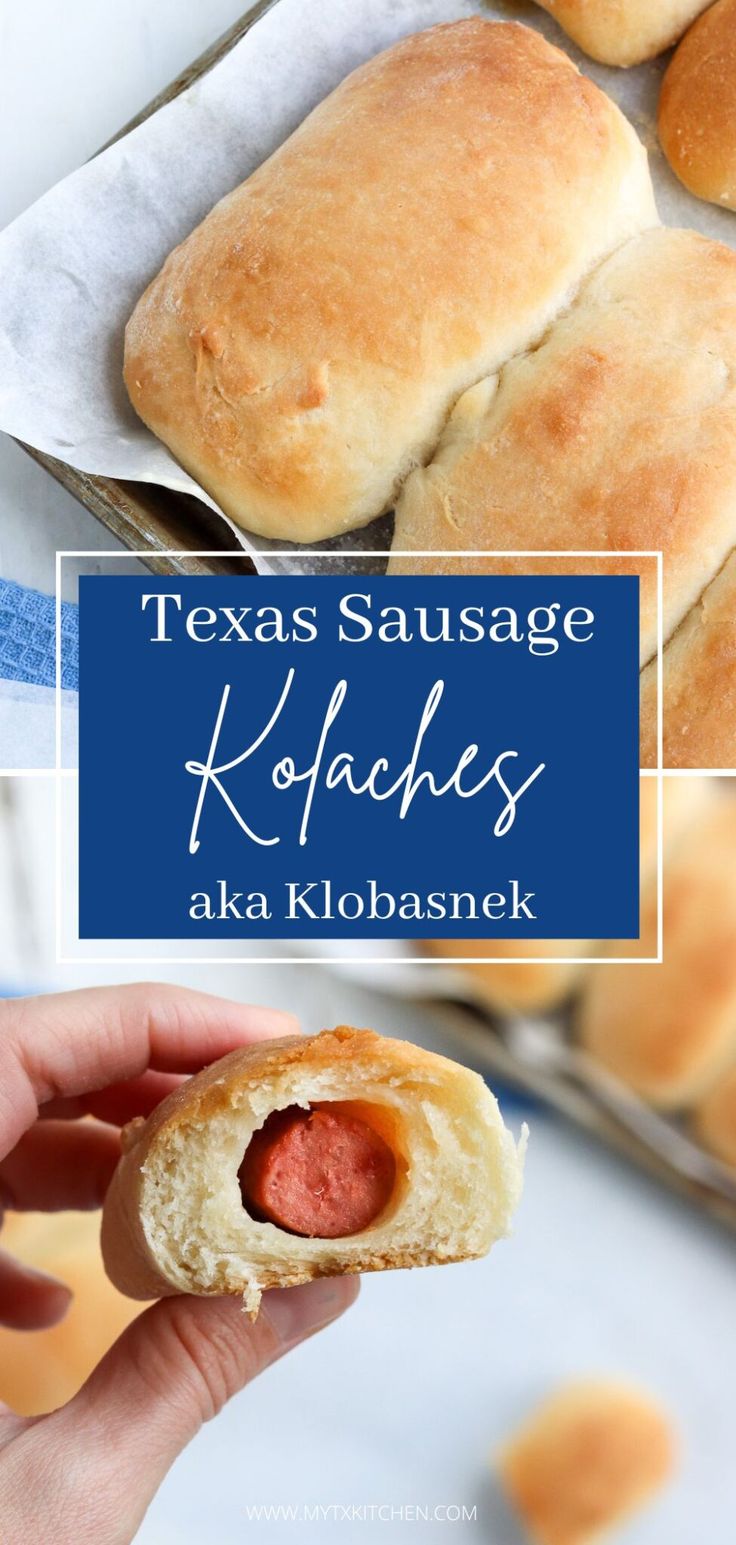 a person holding a hot dog bun in their hand with the words texas sausage kolaches above it