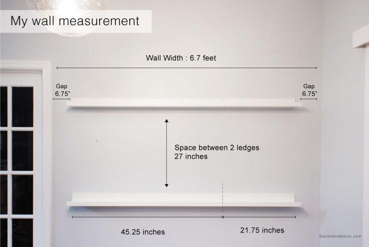 a white wall with measurements for the space between two ledges