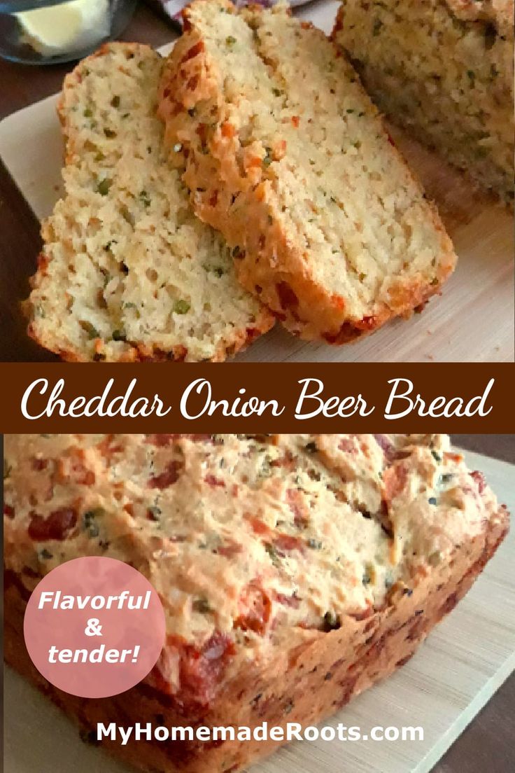 two pictures with different types of bread on them and the words cheddar onion beer bread