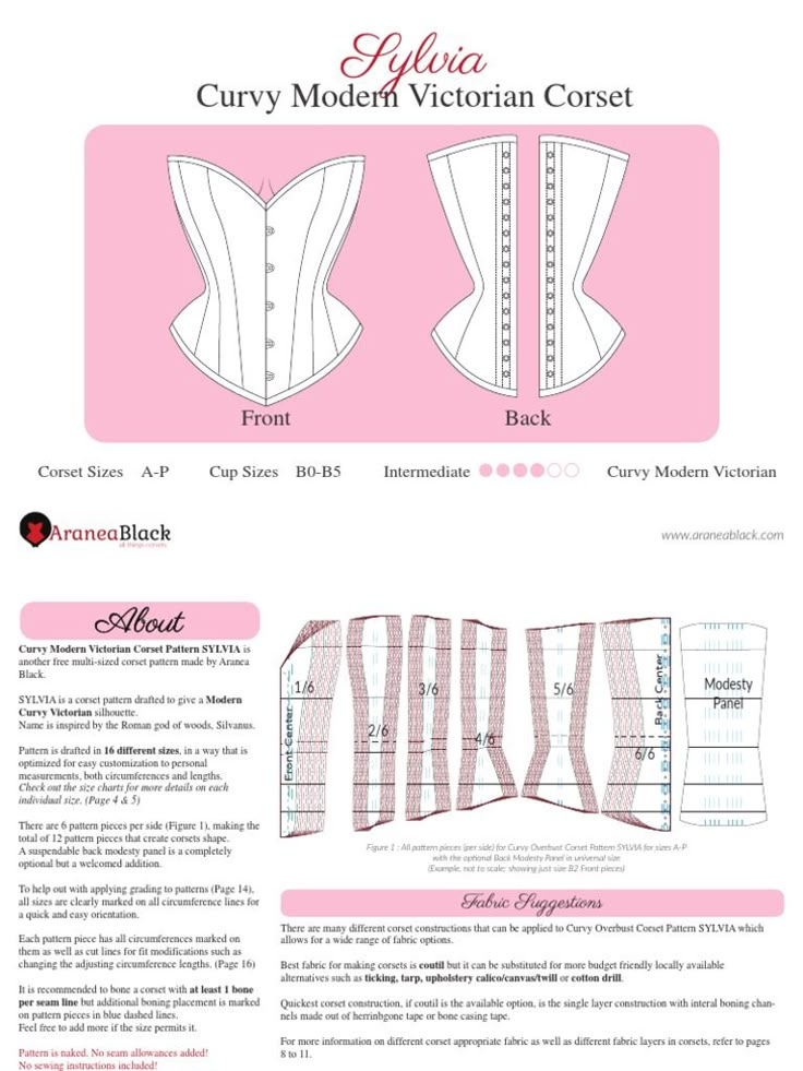 the front and back side of a corset pattern, with instructions for how to make