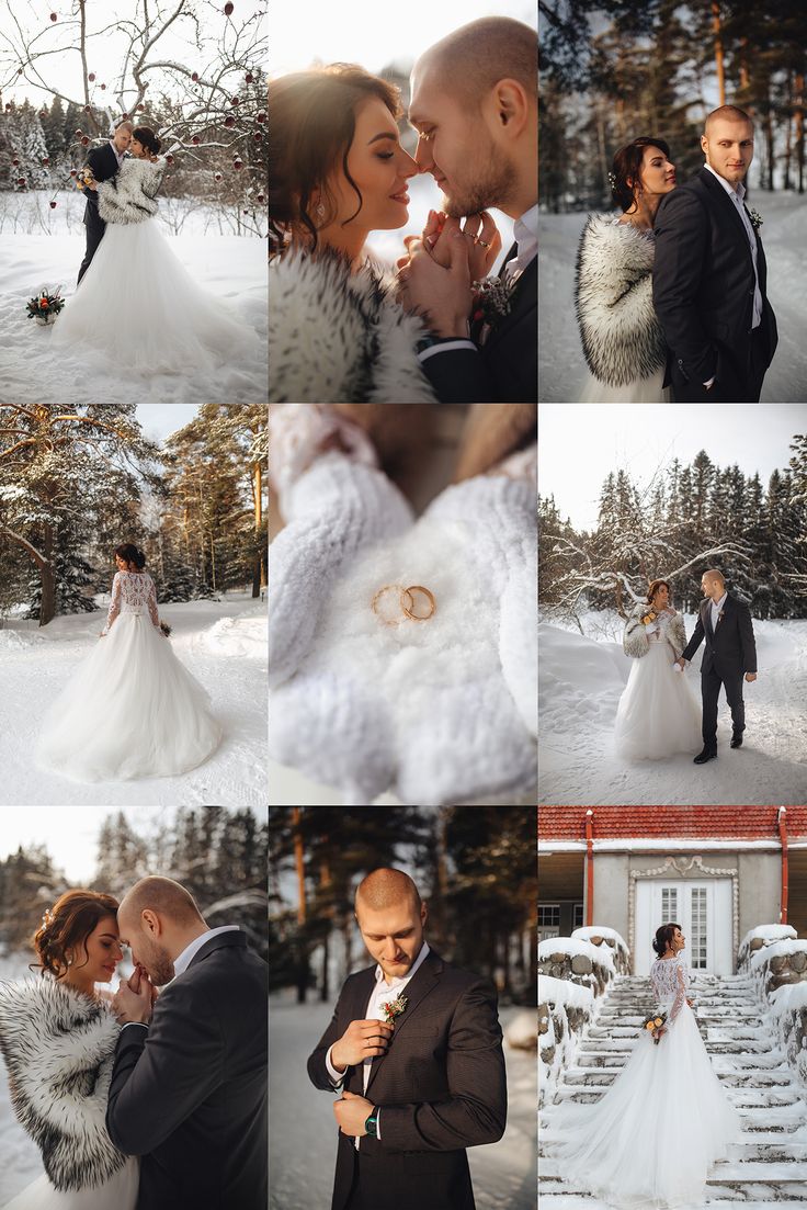 the bride and groom are posing for pictures in the snow