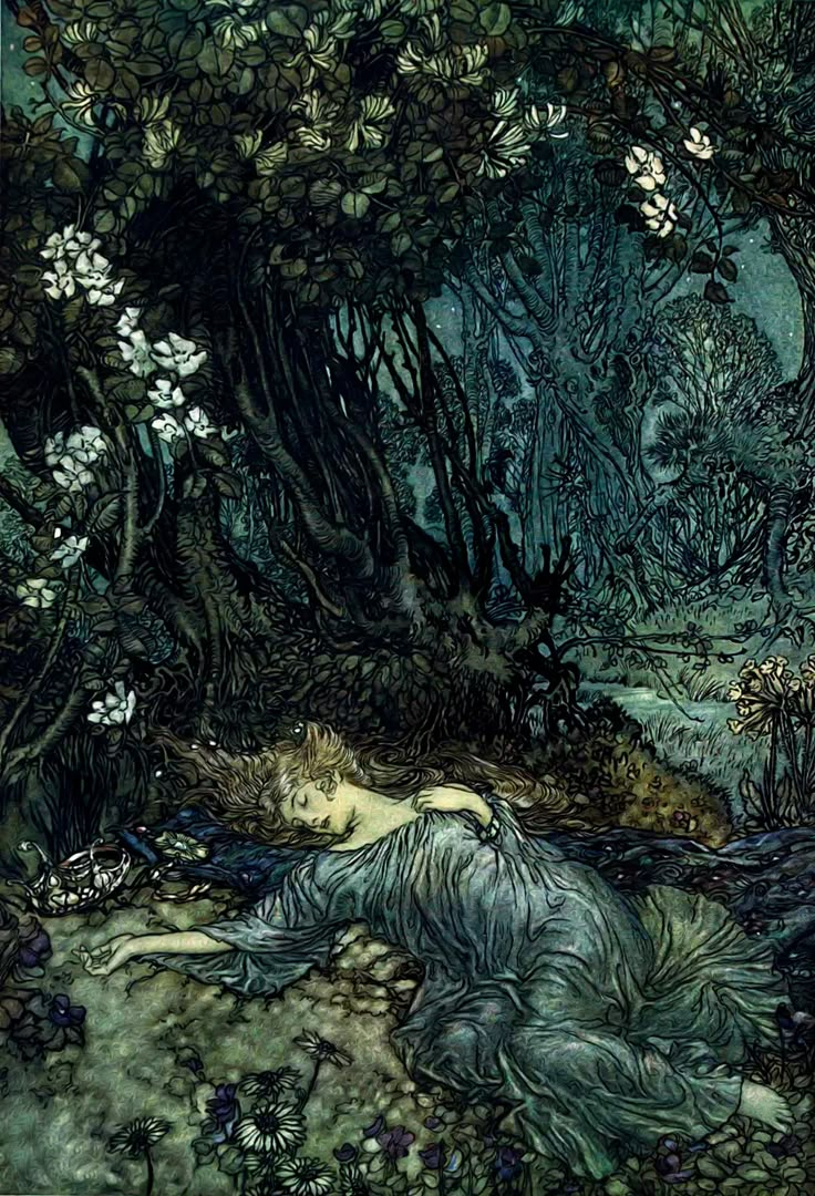 a painting of a woman laying on the ground surrounded by trees and flowers, with her hair blowing in the wind