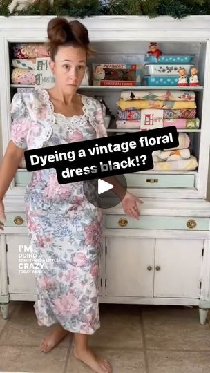 a woman is standing in front of an old dresser with the words dying a vintage floral dress black?