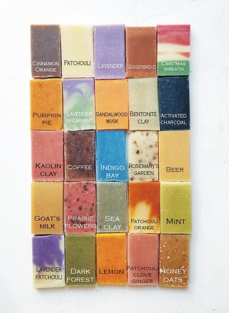 soap bars with different flavors on them are arranged in a mosaic pattern against a white background