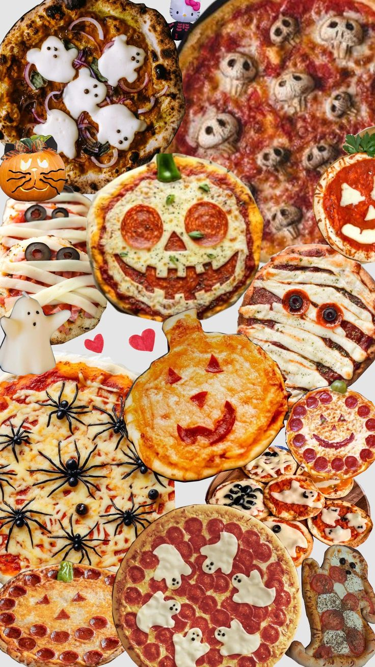 many different types of pizzas with faces on them