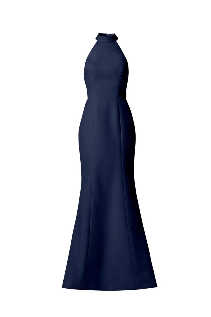 A sleek halter fit-to-flare, this gown is refined yet decidedly modern, with clean lines supported by structured faille. The high collar is secured at the back of the neck with chic covered buttons. Shown in Platinum. Elegant Bias Cut Halter Dress For Weddings, Formal Halter Neck Evening Dress With Fitted Bodice, Formal Evening Dress With Fitted Bodice And Halter Neck, Elegant Fitted Bridesmaid Halter Dress, Sleek Evening Dress With Sweep Train And Fitted Bodice, Elegant Fitted Halter Dress With Keyhole Back, Elegant Fitted Halter Dress With Back Zipper, Elegant Fitted Bodice Halter Dress For Bridesmaids, Elegant Bias Cut Halter Dress For Prom