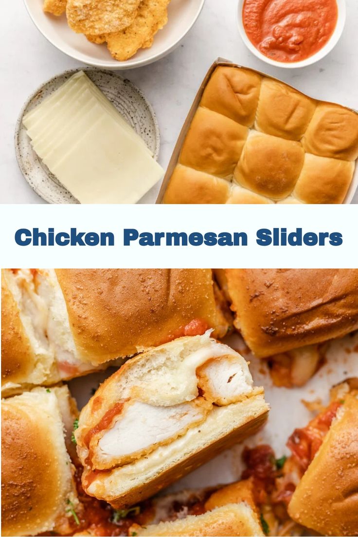 chicken parmesan sliders with cheese and sauces on the side are shown